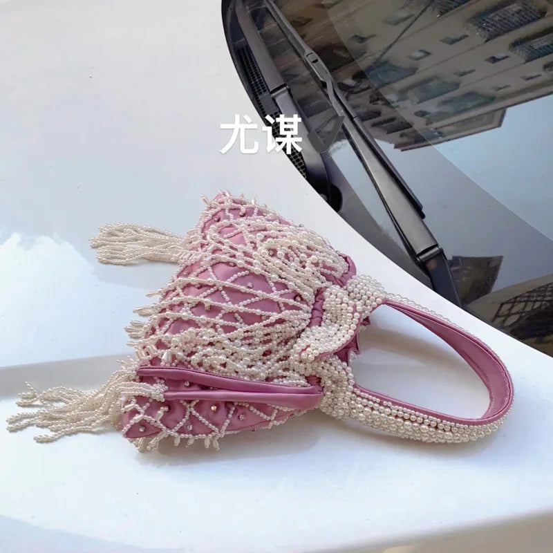 Pearl Decorated Silk Bucket Bag
