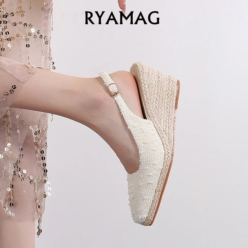 Woven Cotton Thin Heel Pumps
