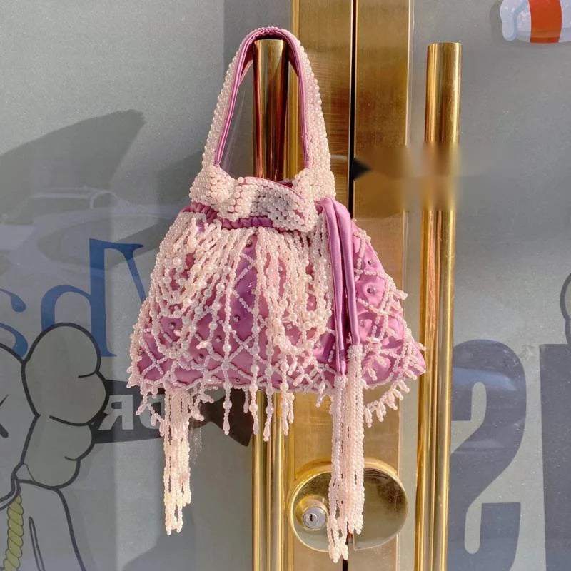 Pearl Decorated Silk Bucket Bag