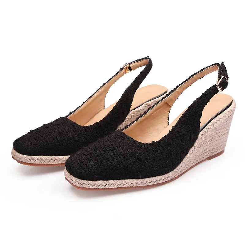 Woven Cotton Thin Heel Pumps