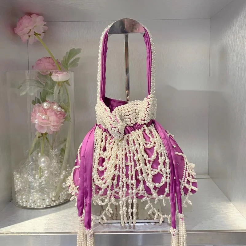Pearl Decorated Silk Bucket Bag