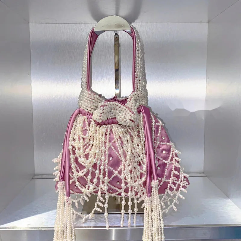 Pearl Decorated Silk Bucket Bag