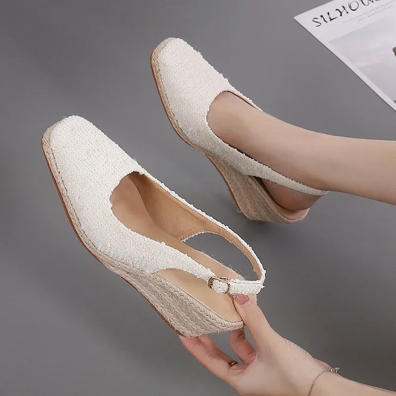 Woven Cotton Thin Heel Pumps