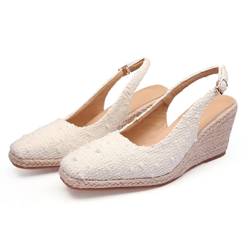 Woven Cotton Thin Heel Pumps