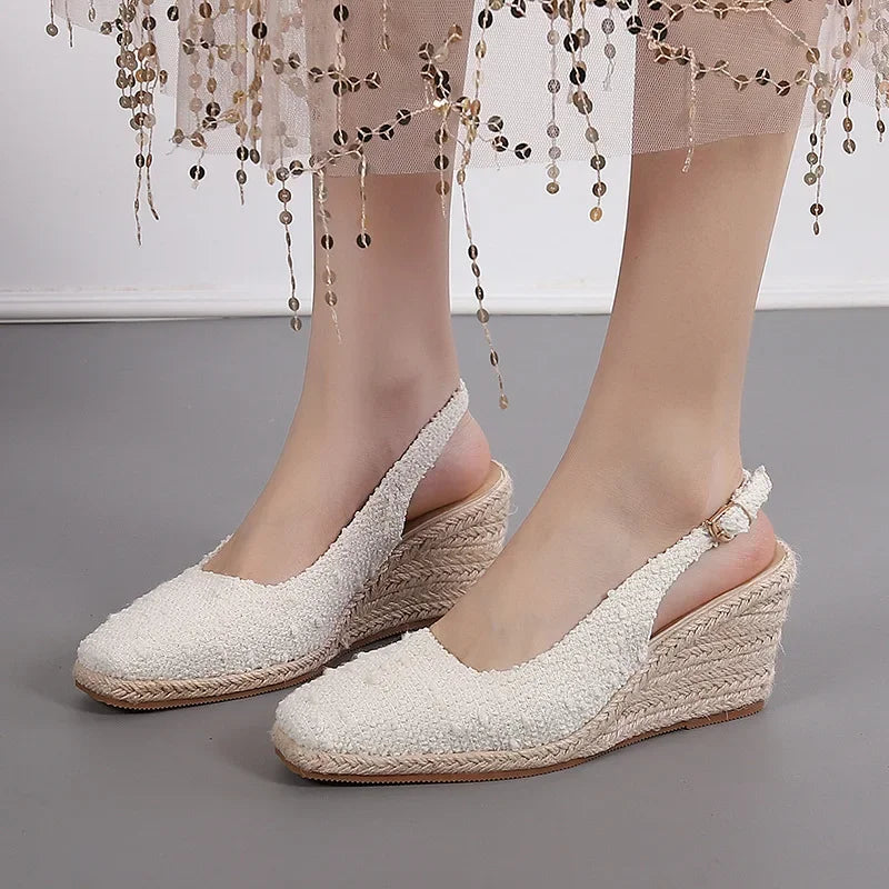 Woven Cotton Thin Heel Pumps