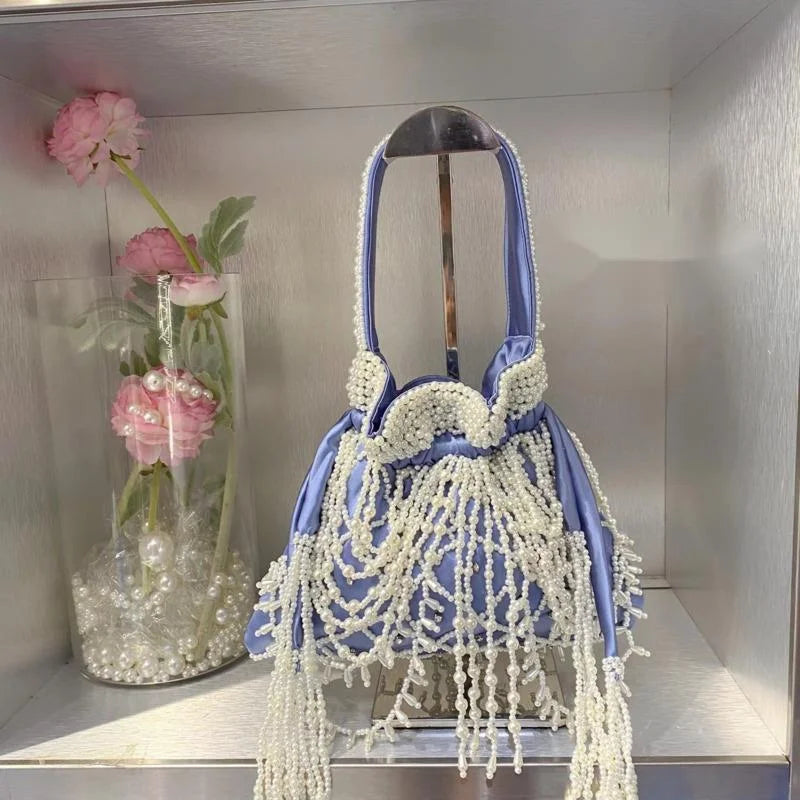Pearl Decorated Silk Bucket Bag