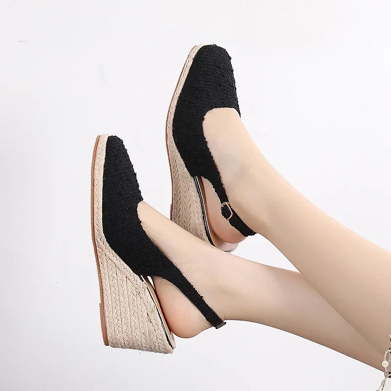 Woven Cotton Thin Heel Pumps