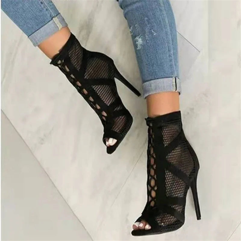 Mesh Lace-Up Gladiator Heels